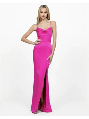 Bariano Hot Pink Satin Cowl Neck Lace Up Back Maxi Gown Formal Dress US 2